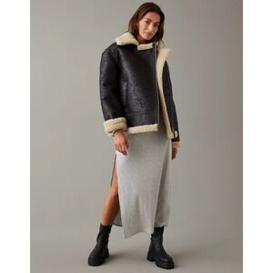 American Eagle Women's Shearling Moto Jacket Oversized Size XS Black Tan